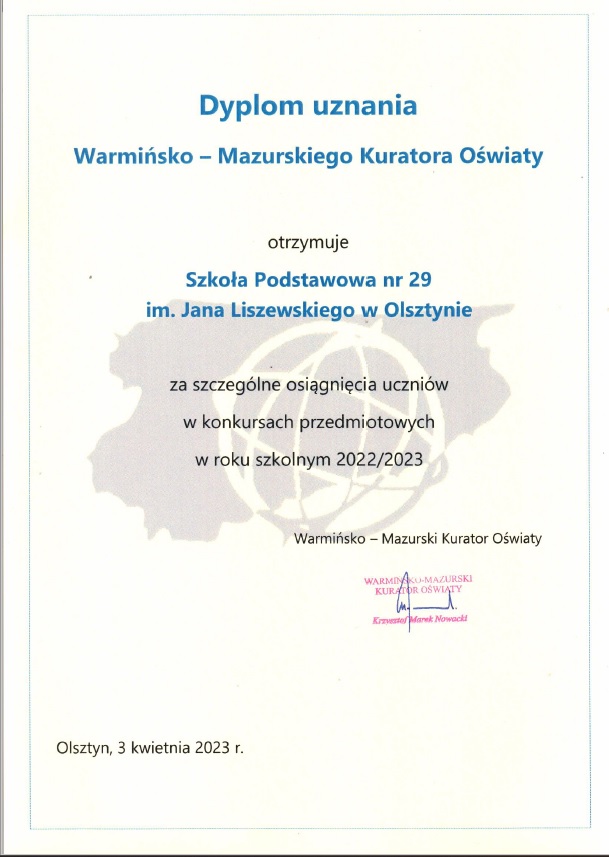 dyplom uznania od Warmińsko- Mazurskiego Kuratora Oświaty